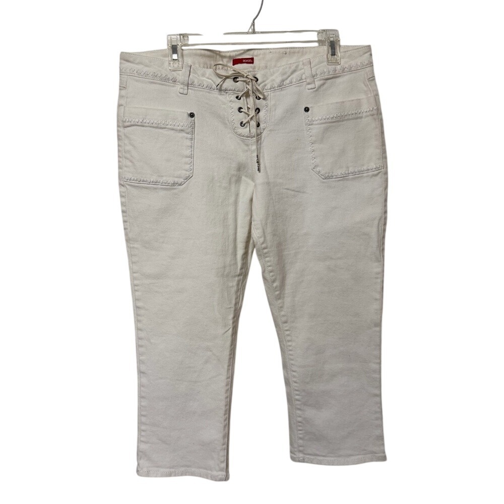 Bongo Womens White Lace Up Front Capri Jeans Whipstitch Denim Size 17
